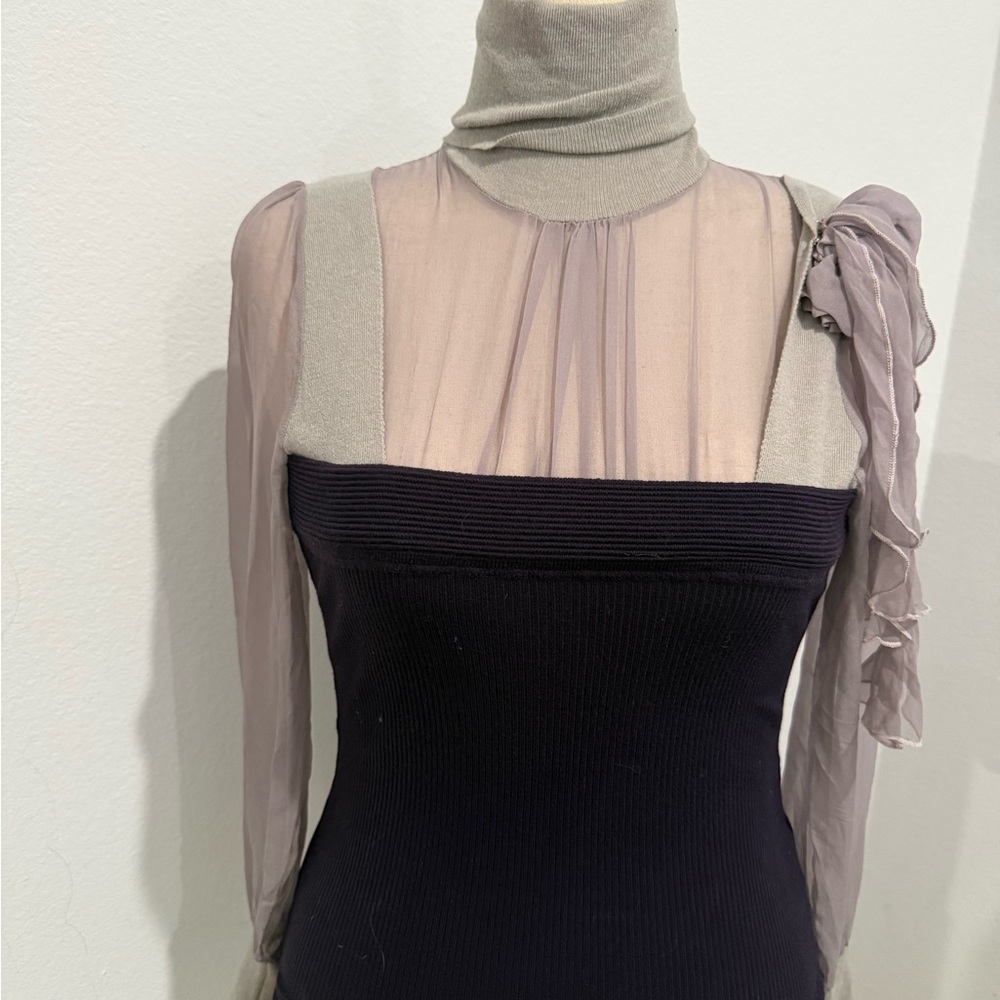 🛍️ Sheer purple and lilac Turtleneck Top with Bow Accent
